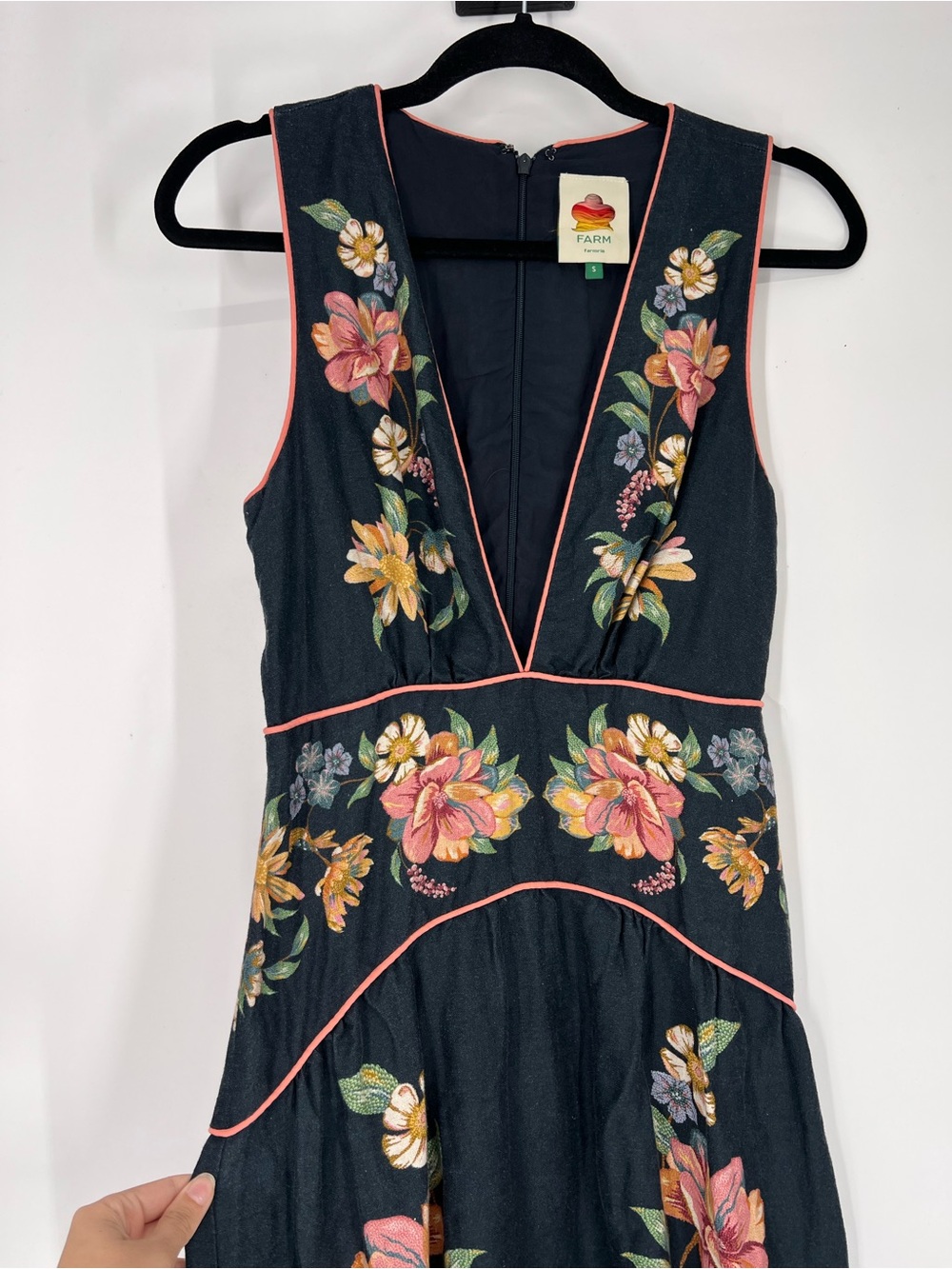Farm Rio Linen Navy Floral Drop Waist Sleeveless Scalloped V Neck Midi Dress S - Picture 4 of 10